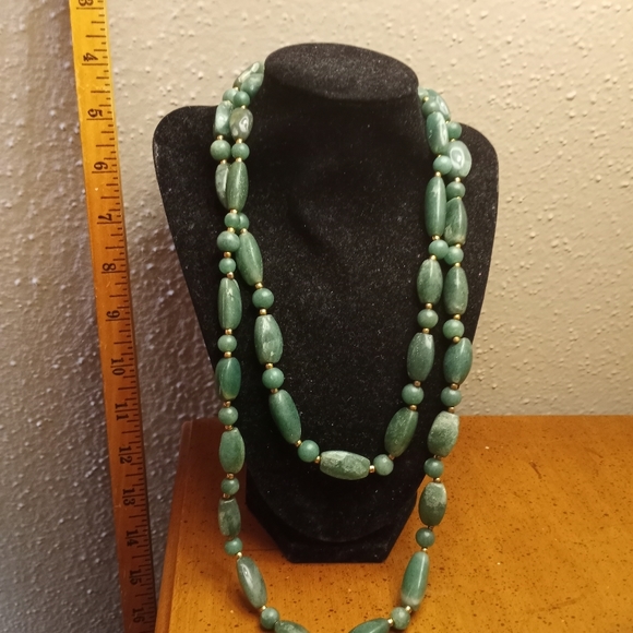 Carved Jade and Gold Clamp Bead Extra Long Vintage Necklace - Picture 11 of 11